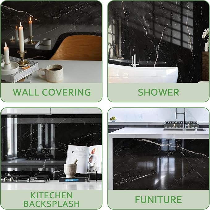 Marble Peel and Stick Waterproof Wall Paneling, 118" x 47" Black Marquina Glossy Finish Self-Adhesive Backsplash Tile Vinyl Wall Panel for Kitchen Bathroom Wall Decor, Covers 38.75 Sq. Ft.