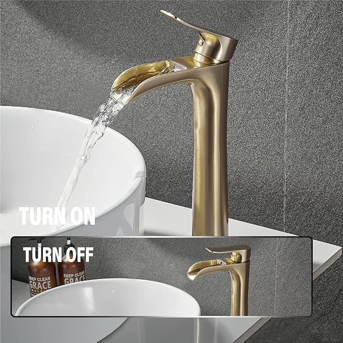 YUNDOOM Vessel Sink Faucet,Chrome Single Hole Single Handle Tall Bathroom Sink Bowl Faucet, Waterfall Bathroom Faucet with Pop Up Drain