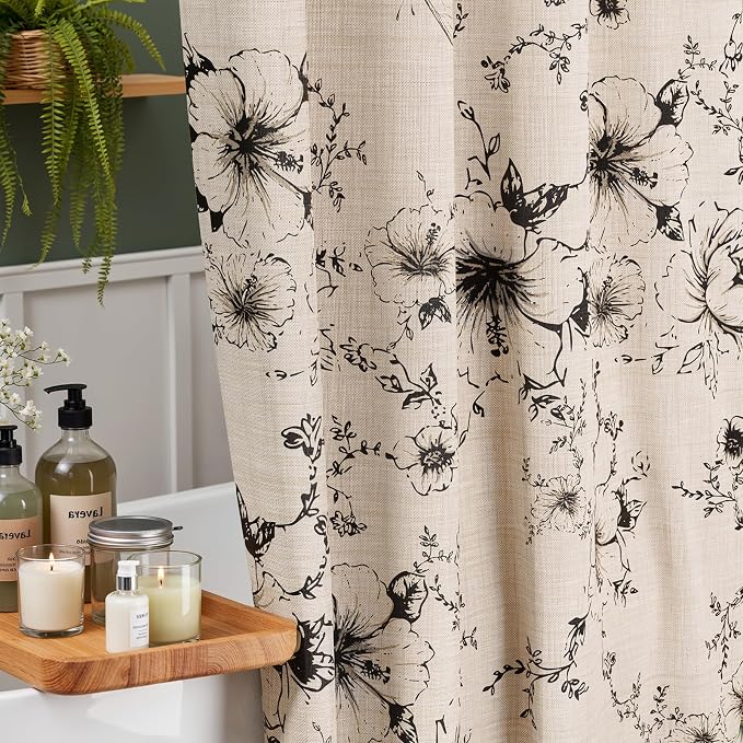 Vintage Black Floral Shower Curtain with 12 Clear Rings - 72" W x 72" L | Farmhouse Fabric Faux Linen Shower Curtain Set, French Country Cottagecore Style Shower Curtain for Bathroom