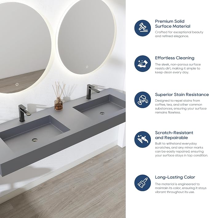 SJ STAR&JANE 59" x 19" Solid Surface Bathroom Double Vessel Sink, Wall Mounted Sink, Stone Resin Countertop With Double Bowl in Light Gray Rectangle Double Floating Vanity Sink Durable Modern Design