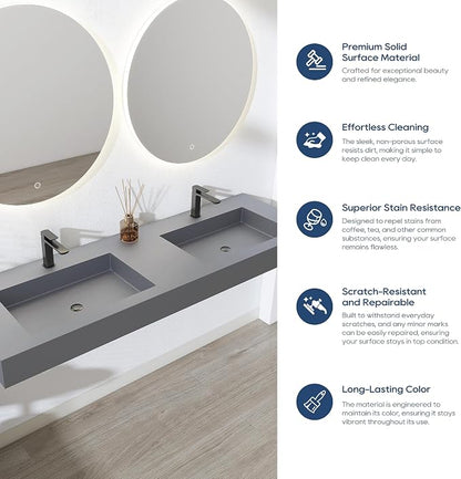 SJ STAR&JANE 59" x 19" Solid Surface Bathroom Double Vessel Sink, Wall Mounted Sink, Stone Resin Countertop With Double Bowl in Light Gray Rectangle Double Floating Vanity Sink Durable Modern Design