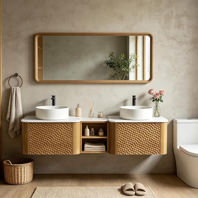 60 Inch Double Vanity with Sink Set, Floating Bathroom Sink Cabinet with Sintered Stone Top&Solid Wood Hammered Frame, Double Bathroom Vanities w/Soft-Close Drawers&1 Side Open Cube