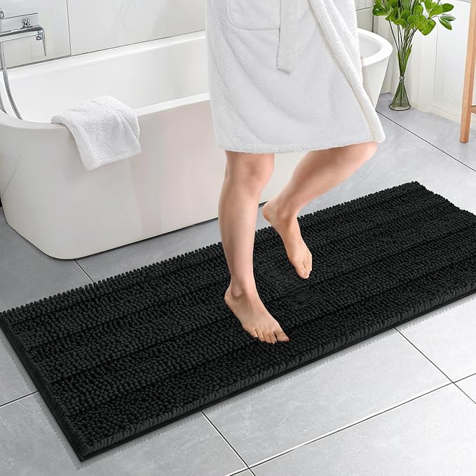 OLANLY Thick Bathroom Runner Rugs 59x20, Chenille Long Bath Rugs, Black | Soft Absorbent Striped, Rubber Backing, Machine Wash, Bath Mats for Bathroom Floor, Tub and Shower, Home Decor Accessories