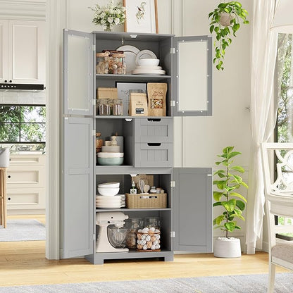 BOTLOG 67'' Tall Bathroom Storage Cabinet with Adjustable Shelf | Frosted Glass Doors, Wood Drawers, Kitchen Pantry Line Cabinet for Kitchen Bathroom, Living Room, Grey