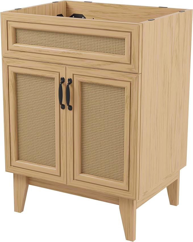 JONATHAN Y Javer Bohemian Rattan Freestanding Bath Vanity, 24", Oak | 18" Deep, 33" High, Double Soft-Close Doors, Caned Paneling, 2-Shelf Storage, Basin Not Included, Modern Farmhouse Style