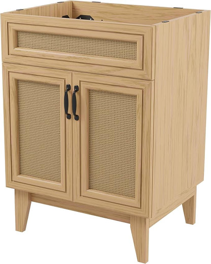 JONATHAN Y Javer Bohemian Rattan Freestanding Bath Vanity, 24", Oak | 18" Deep, 33" High, Double Soft-Close Doors, Caned Paneling, 2-Shelf Storage, Basin Not Included, Modern Farmhouse Style