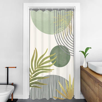 KOMLLEX Mid Century Mint Green Boho Small Stall Bathroom Shower Curtain Set | 36Wx72H Half Abstract design, waterproof HD print with fast-drying fabric and 12 hooks.