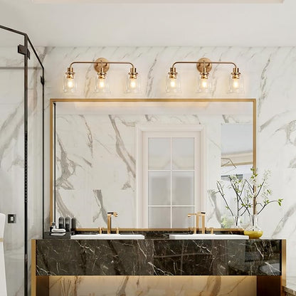 KSANA Gold Bathroom Vanity Light Fixtures with Clear Glass Shade, 3-Light Modern Bathroom Vanity Lights Over Mirror, 22.8”x7.3”x10.8”