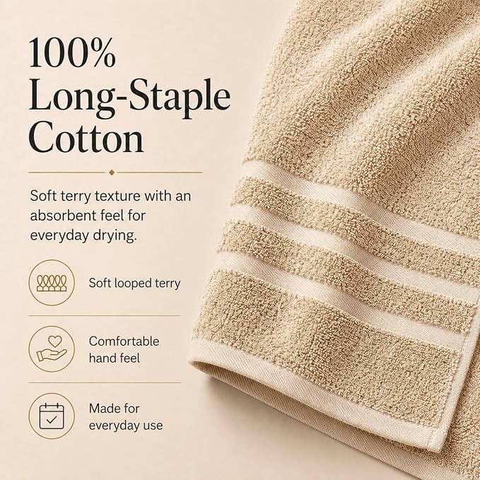 Velqora Bath Towels 4 Pack, 30x60 in, 100% Cotton, Soft, Multicolor | Gray, Light Gray, Sage Green & Beige Mix | Absorbent Terry | Balanced Weight | Easy Care