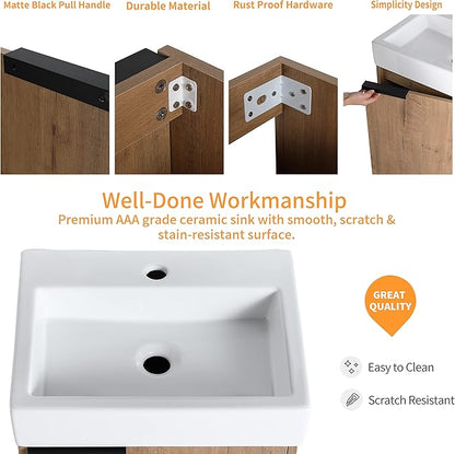 18 Inch Bathroom Vanity with Sink,Wall Mounted Bathroom Vanity Sink Combo with 1 Soft Close Door for Small Space,Modern Floating Bathroom Vanity with Top Basin & Storage Cabinet