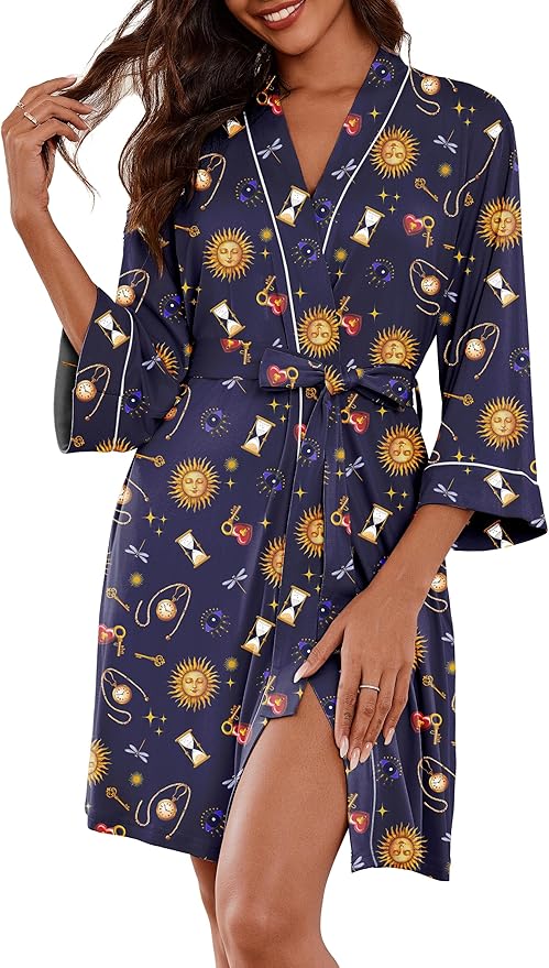 Ekouaer Women Kimono Robes Knee Length Knit Bathrobe Lightweight Soft Sleepwear V-neck Casual Ladies Loungewear