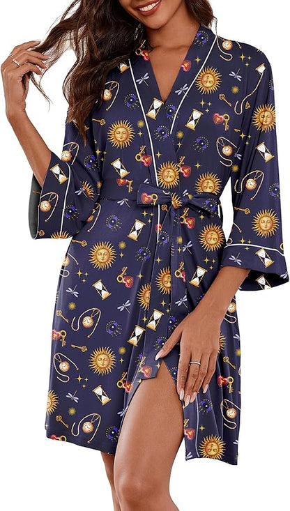 Ekouaer Women Kimono Robes Knee Length Knit Bathrobe Lightweight Soft Sleepwear V-neck Casual Ladies Loungewear