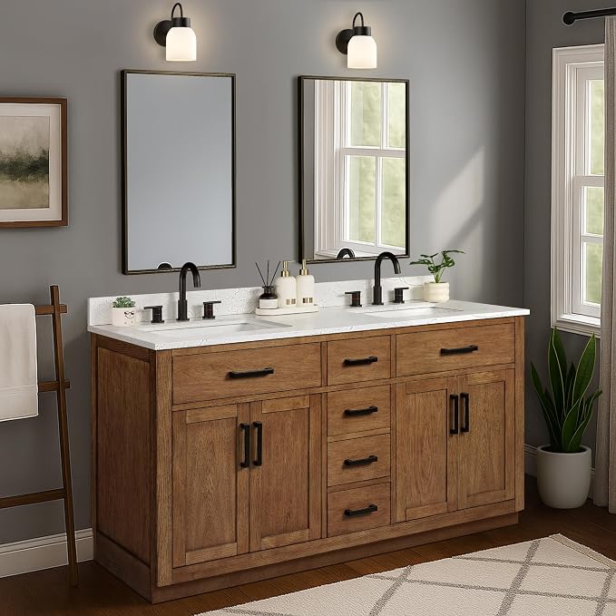 60-inch Dark Walnut Bathroom Vanity with 2 Sinks, Solid Wood, 0.79-inch Stone Countertop and Backsplash, 6 Drawers, 4 Soft Closing Doors