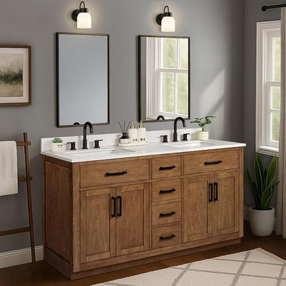 60-inch Dark Walnut Bathroom Vanity with 2 Sinks, Solid Wood, 0.79-inch Stone Countertop and Backsplash, 6 Drawers, 4 Soft Closing Doors