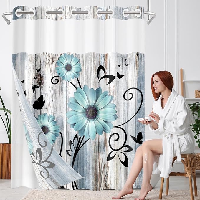 No Hook Shower Curtain with Snap in Liner 71x86 Inch Flower Teal | Rustic Daisy Farmhouse Modern Double Layers Waterproof Fabric with See Through Top Window Open Grommet Bath Curtain