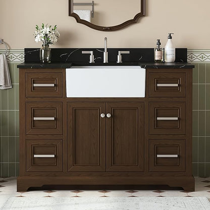 48 Inch Bathroom Vanity with Sink, Fully-Assembled Vanity with Quartz Countertop, Solid Wood Sink Cabinet with Soft Closing Doors & Dovetail Drawers, Single Sink Classic Bathroom Vanity, Dark Brown