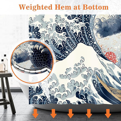 Aimego Funny Cat Shower Curtain Japanese Nautical Anime Ocean Sea Wave Cool Unique Asian Whimsical Humorous Bathroom Decor Bathtub Curtain Fabric Shower Curtain Set with 12 Hooks, 72"x72"