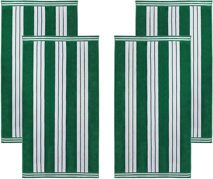 Superior Oversized Cotton Beach Towel Set of 4, Absorbent Towels for Bathroom, Beach, Pool, Swim, Adults, Kids, Vacation, Travel, Bath, Quick Dry Basics, Trip Essentials, Striped Decor, Dark Green