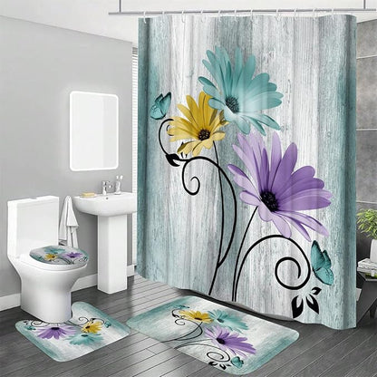 Onalasyc 4PCS Blue Green Daisy Bathroom Sets with Shower Curtain and Rugs | Country Floral Butterfly Shower Curtain Set,Modern Bathroom Decor Shower Curtains Set with Rugs Toilet Lid Cover and 12 Hooks