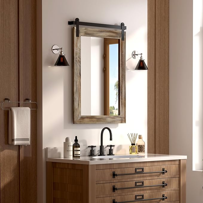 COGOOD Farmhouse Bathroom Mirrors for Over Sink - 30 x 22 Striped Brown | Rustic Barn Door Wood Framed Vanity Mirror for Entryway, Living Room, Bedroom, Dresser Wall Decor