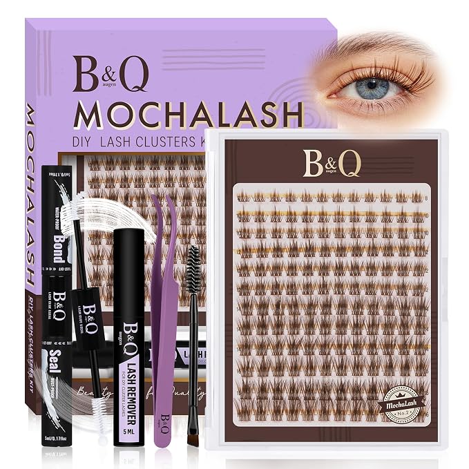 B&Q Brown Lash Clusters Kit Natural Mochalash Clusters 02, Wispy Eyelash Clusters Kit C-Curl Cluster Eyelash Extensions 8-16mm Brown Lash Eyelashes Kit for Fair/Dark Hair(Mochalash 02 Set)