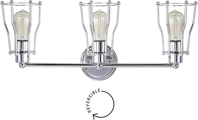 JONATHAN Y 24" Chrome Modern Industrial Metal Vanity Light, Bathroom Sconce for Mirror, Reversible 3-Light Wall Lamp with Metal Cage Shade for Hallway, LED Bulb Included (JYL7417A)