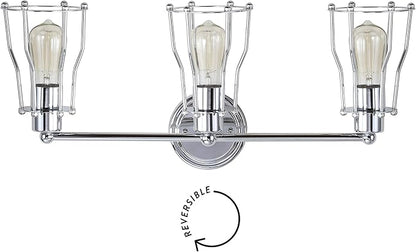 JONATHAN Y 24" Chrome Modern Industrial Metal Vanity Light, Bathroom Sconce for Mirror, Reversible 3-Light Wall Lamp with Metal Cage Shade for Hallway, LED Bulb Included (JYL7417A)