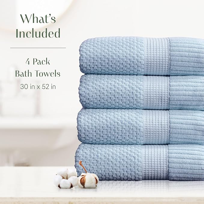 4 Pack 100% Cotton Bath Towels | Blue Towels | Oeko‑TEX Standard 100 | Soft & Absorbent, Quick‑Dry | Trinity Collection - Chambray Blue
