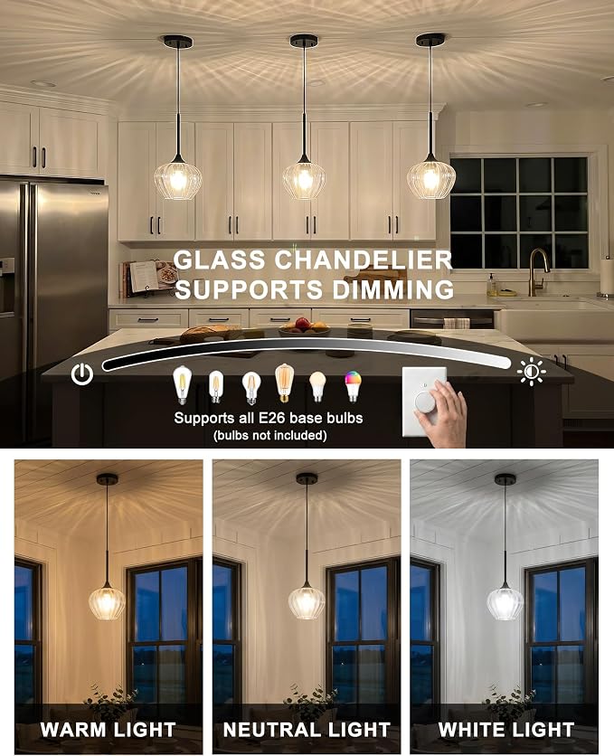 Glass Pendant Lights for Kitchen Island, 7.7" Modern Matte Black Pendant Light Fixtures Small Farmhouse Hanging Light for Kitchen, Dining Room, Sink, Bathroom