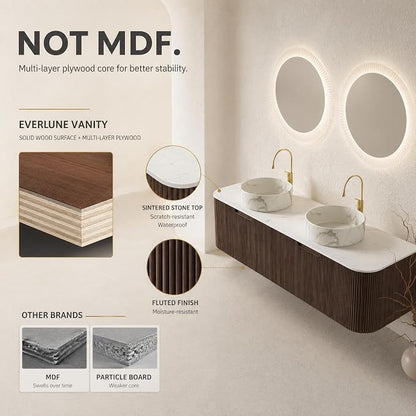 60 Inch Double Sink Bathroom Vanity, Floating Wall Mounted Cabinet, Dark Walnut Curved Fluted Front, Stone Top, Dual Marble-Look Round Vessel Basins, Pre-Assembled