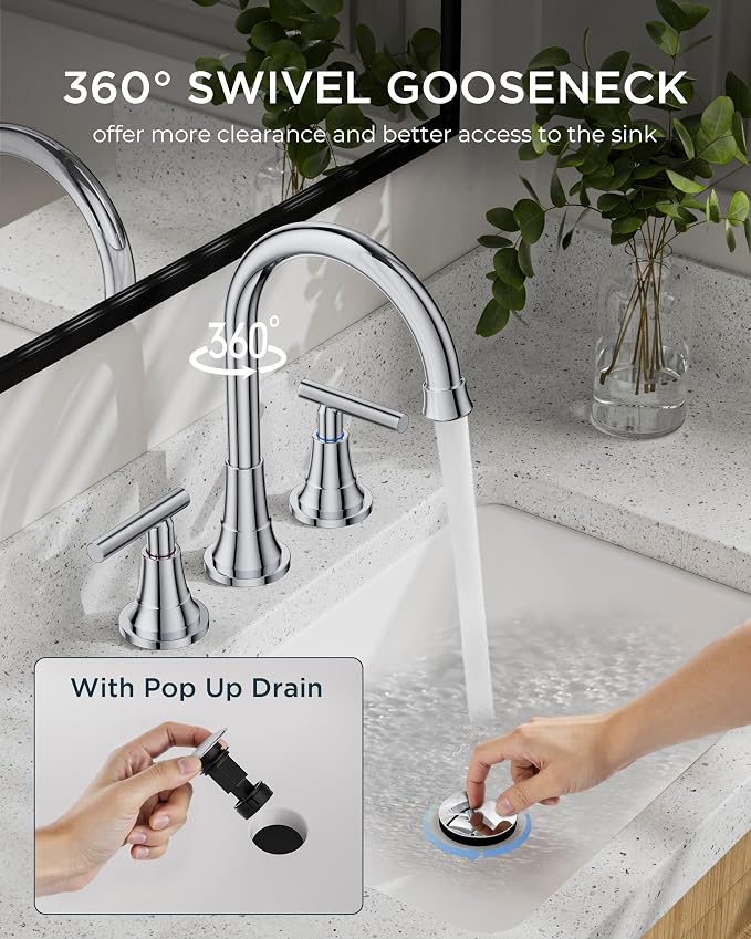 FORIOUS 8 in Widespread Chrome Bathroom Faucet 3 Hole, Chrome Faucet Vanity | 3 Hole Bathroom Vanity Faucet Chrome, Polished Chrome Faucet for Bathroom Sink 3 Hole with 360° Swivel Spout, for Wholesale