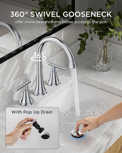 FORIOUS 8 in Widespread Chrome Bathroom Faucet 3 Hole, Chrome Faucet Vanity | 3 Hole Bathroom Vanity Faucet Chrome, Polished Chrome Faucet for Bathroom Sink 3 Hole with 360° Swivel Spout, for Wholesale