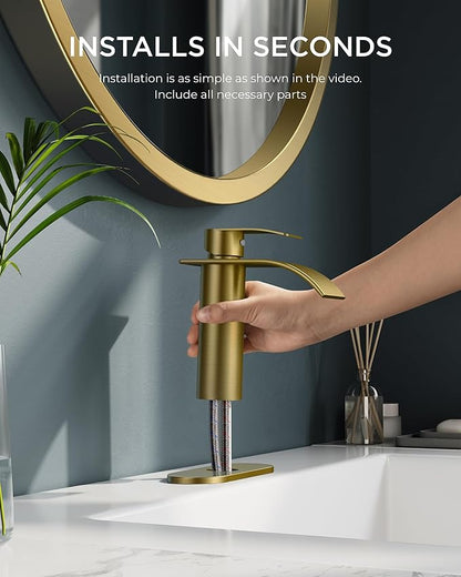 FORIOUS Brushed Gold Bathroom Faucet One Hole, Waterfall Single Handle Bathroom Faucet for 1 or 3 Hole Sink with Metal Pop up Drain, Deck Plate, cUPC Hoses for Vanity, Rv Sink