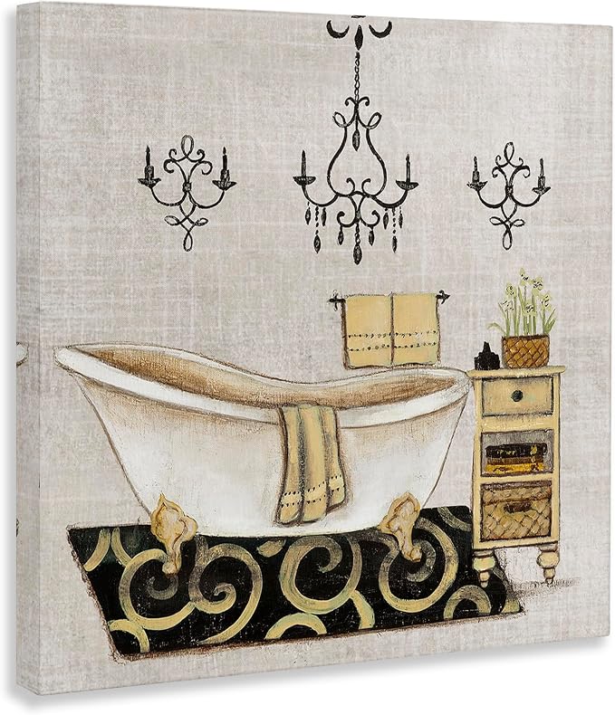 Vintage Bathroom Tub Floral Still Life, 36 x 36 Inch Canvas Wall Art | Stupell Industries · By Janet Tava · Ready to hang · Serene decor for bathroom or bedroom · Made in USA
