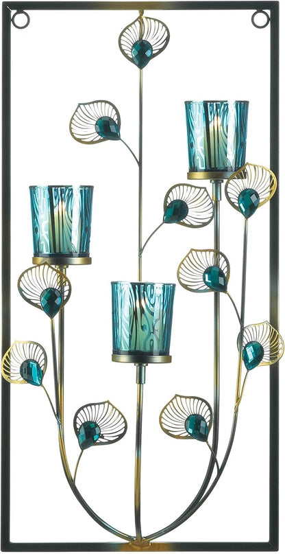 Zingz & Thingz Exotic Peacock Plume Collection Tealight & Candle Lighting, 9.5x4x18.75, Framed Wall Sconce Trio
