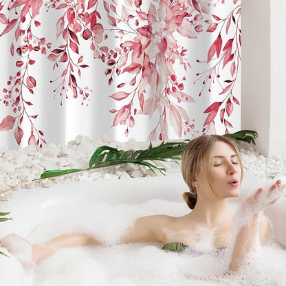 Pink Eucalyptus Shower Curtain, Watercolor Floral Print, 36x72 | Watercolor Plant Leaves Floral Print, Waterproof Fabric Bathroom Decor, Machine Washable, Rustproof Grommets