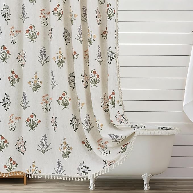 ORTIGIA Linen Textured Shower Curtain with Tassels,Vintage Floral Boho Cottagecore Waterproof Bath Curtain Metal Hooks for Rustic Farmhouse Bathroom Decor 72x72 Inch
