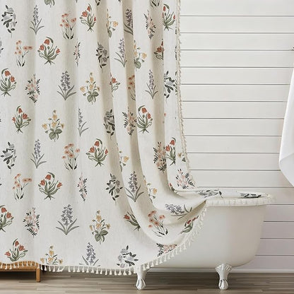 ORTIGIA Linen Textured Shower Curtain with Tassels,Vintage Floral Boho Cottagecore Waterproof Bath Curtain Metal Hooks for Rustic Farmhouse Bathroom Decor 72x72 Inch