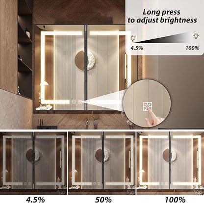 APRILSOUL 40x32 Inch Lighted Bathroom Medicine Cabinet with Mirror, Black Recessed or Surface Mount Medicine Cabinet Mirror with Storage and LED Lights, 3 Colors Temperature, Dimmable Light