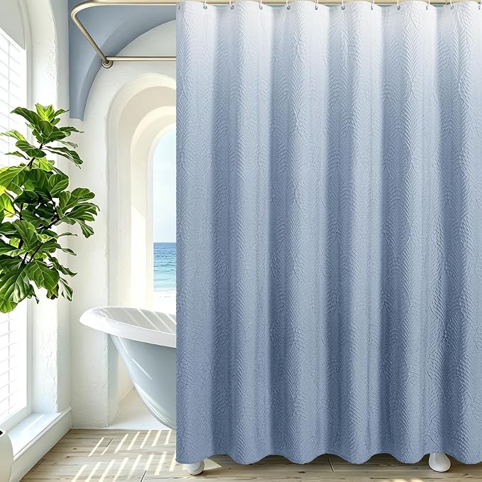 72x84 Extra Long Shower Curtain, Ombre Fog Blue 3D Embossed Half Bath Curtain