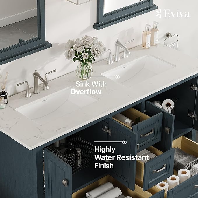 Eviva Britney 60 in. Ash Blue Double Sink Bath Vanity with Carrara Quartz Top and Undermount Porcelain Sinks