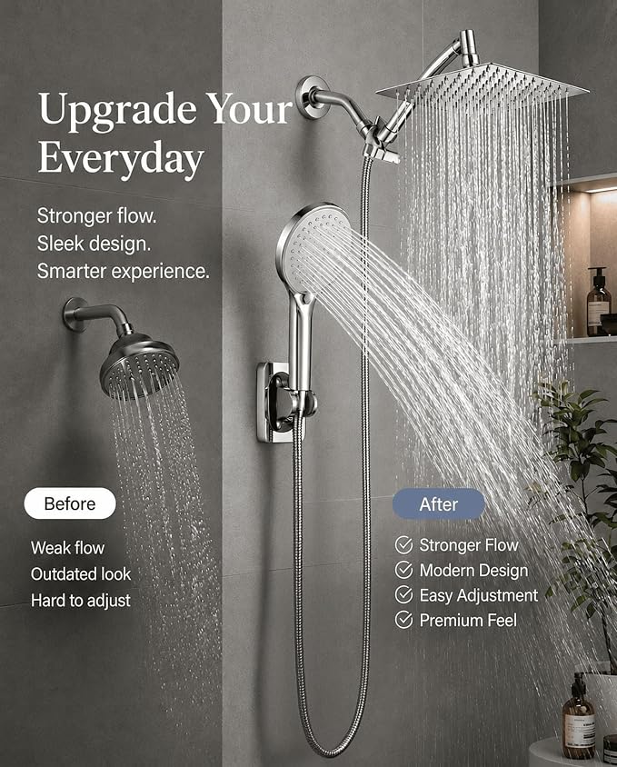 10 Inch Rainfall Shower Head with Handheld Combo and Extension Arm | Large rainfall shower head set with handheld sprayer, 11 inch adjustable arm, 59 inch hose, standard 1/2 inch wall connection