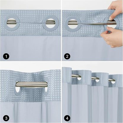 Colorful Star No Hook Shower Curtain with Snap in Fabric Liner, Waffle Weave Heavy Duty Thick Shower Curtains with Mesh Top Window, Hotel Style Waterproof Bathroom Curtain Set, 72 x 75 Inch, Fog Blue