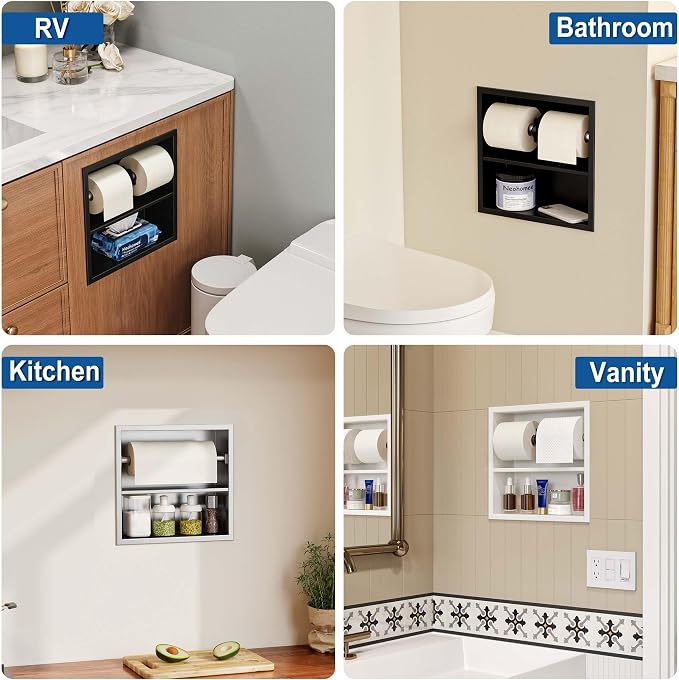 Neodrain Brushed Recessed Toilet Paper Holder,Double Layer,Wet Tissue | Space-Saving Wall Niche Cabinet Storage, Rustproof & Durable,For Bathroom, Kitchen & Vanity