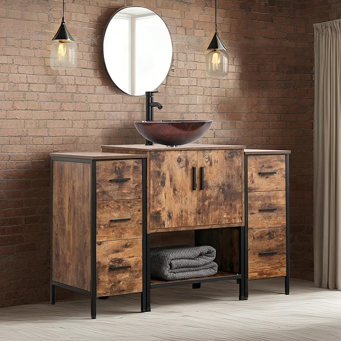 UEV 48" Antique Bathroom Vanity, Dark Brown Bathroom Vanity Set with Sink and 3 Drawers Side Cabinet Combo, Iron Wood Bathroom Cabinet with Adjustable Water Temperature Faucet (A09)