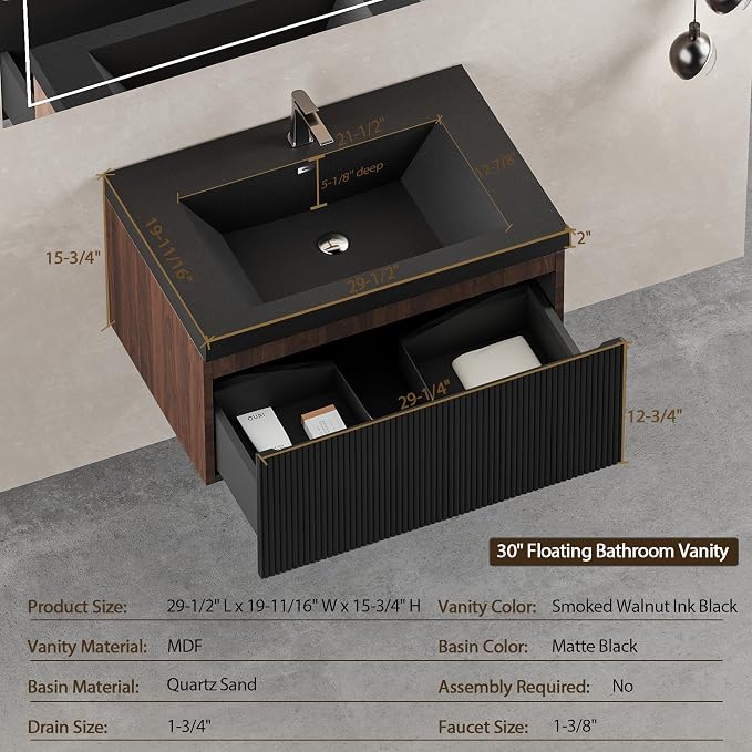30" Floating Bathroom Vanity with Sink, Wall-Mounted Smoked Walnut Storage Cabinet, Wave-Textured Soft-Close Drawer & Matte Black Quartz Sand Basin