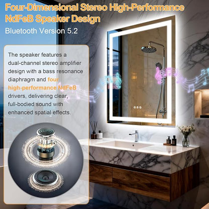 20"x28" LED Bathroom Mirror with Lights,Bluetooth Dual Speaker | Anti-Fog,3 Color Temperature,Dimmable Brightness,Memory Function,Waterproof,Wall Mount Design,Tempered Glass