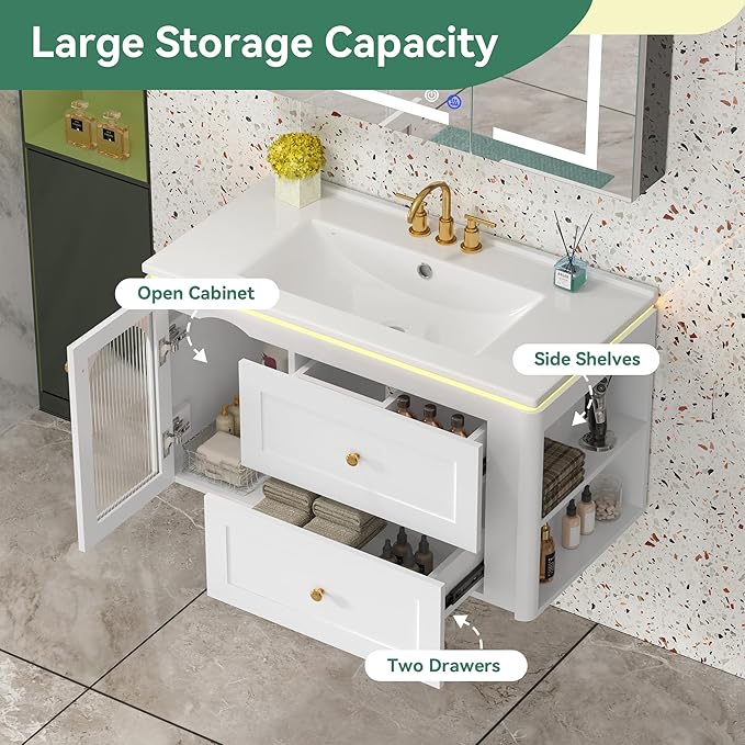 36 inch Floating Bathroom Vanity with Sink, Soft-Close Storage Cabinet and 2 Drawers, Wall-Mounted Modern LED Bathroom Cabinet with Ceramic Integrated Sink, White