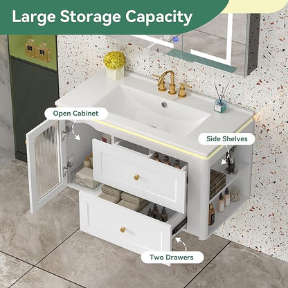 36 inch Floating Bathroom Vanity with Sink, Soft-Close Storage Cabinet and 2 Drawers, Wall-Mounted Modern LED Bathroom Cabinet with Ceramic Integrated Sink, White