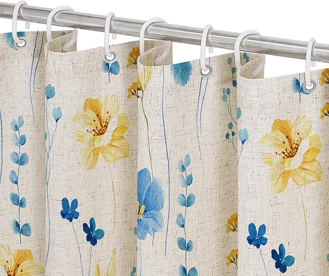 BlueYellow Linen Watercolor Floral Fabric Shower Curtain, 72x72 | Linen Fabric, Modern Minimalist Floral Print, Machine Washable, Rustproof Grommets, for Bathroom Home
